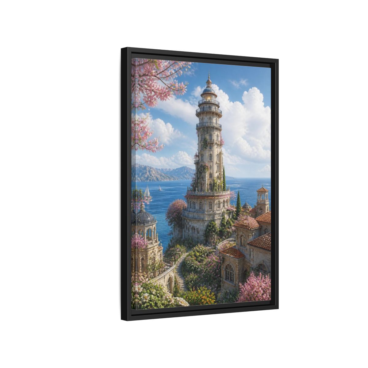 Side Mockup 3. Seaside Blossom Tower shown as framed canvas print