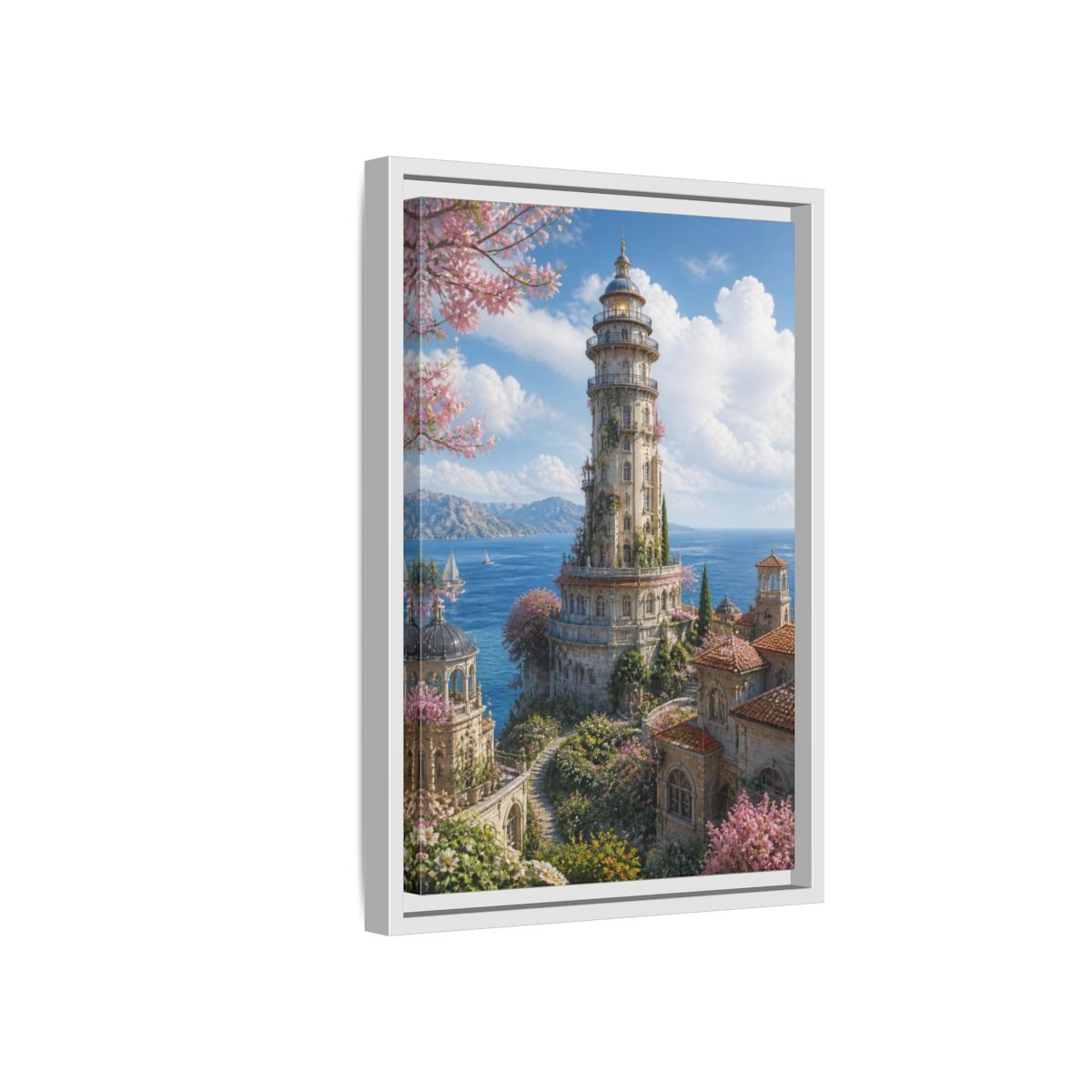 Side Mockup 4. Seaside Blossom Tower shown as framed canvas print