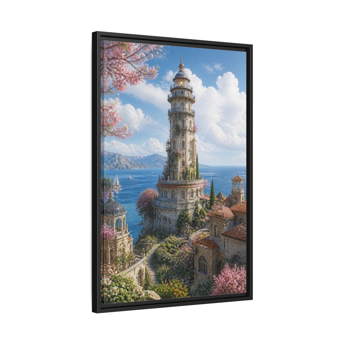 Side Mockup 14. Seaside Blossom Tower shown as framed canvas print