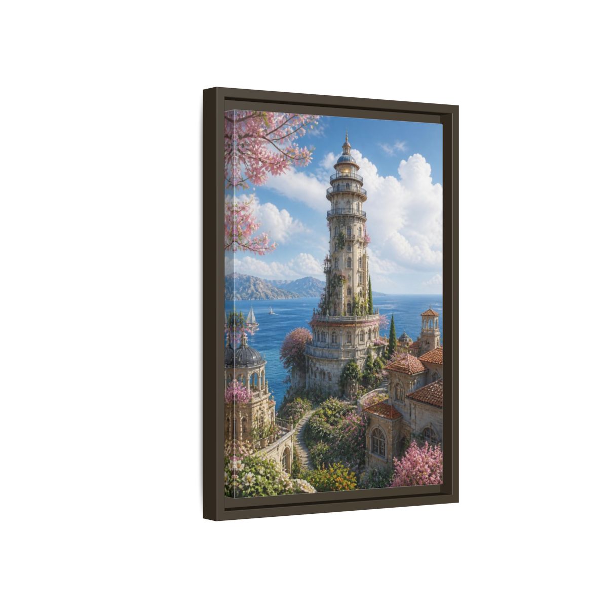 Side Mockup 5. Seaside Blossom Tower shown as framed canvas print