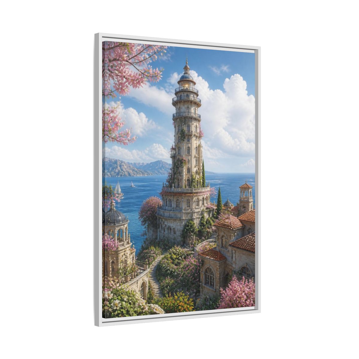 Side Mockup 9. Seaside Blossom Tower shown as framed canvas print