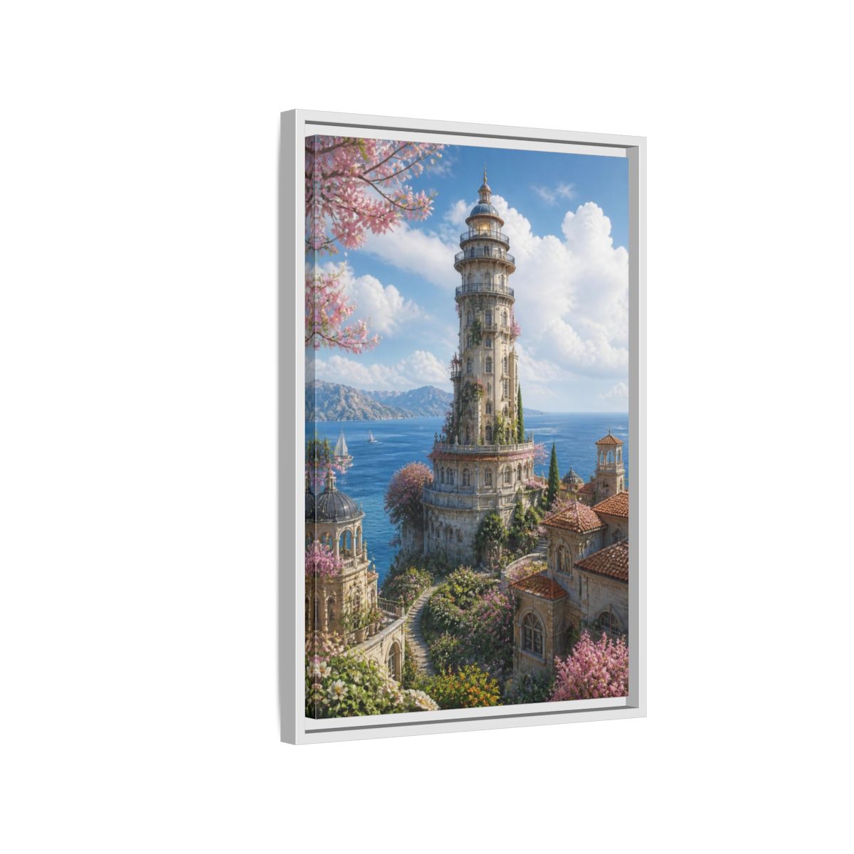 Side Mockup 1. Seaside Blossom Tower shown as framed canvas print