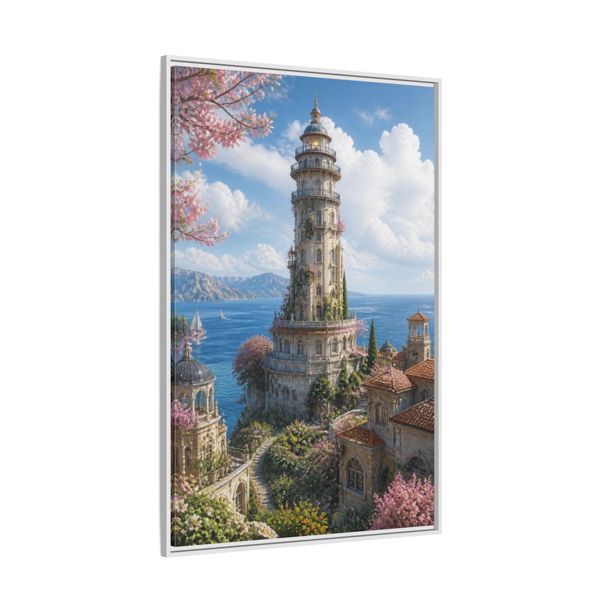 Side Mockup 7. Seaside Blossom Tower shown as framed canvas print