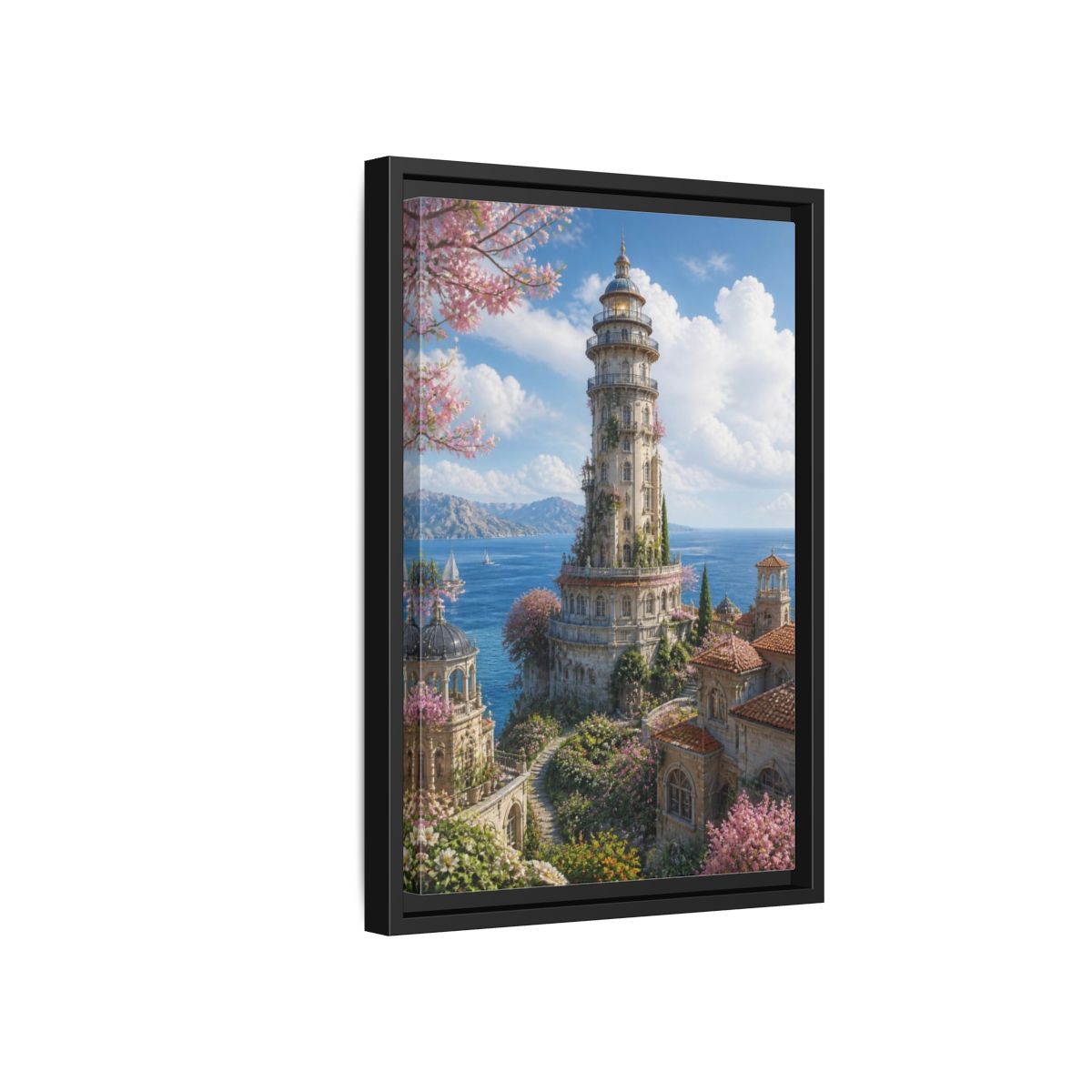 Side Mockup 6. Seaside Blossom Tower shown as framed canvas print