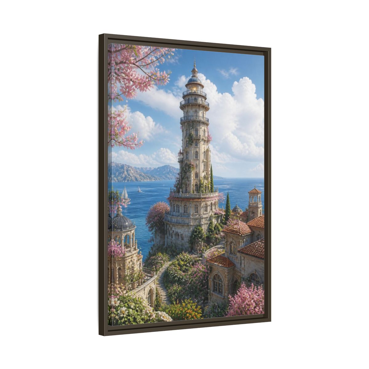 Side Mockup 11. Seaside Blossom Tower shown as framed canvas print
