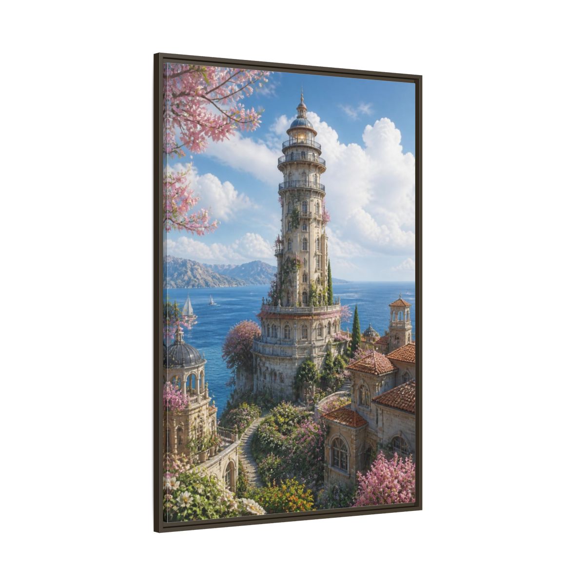 Side Mockup 8. Seaside Blossom Tower shown as framed canvas print
