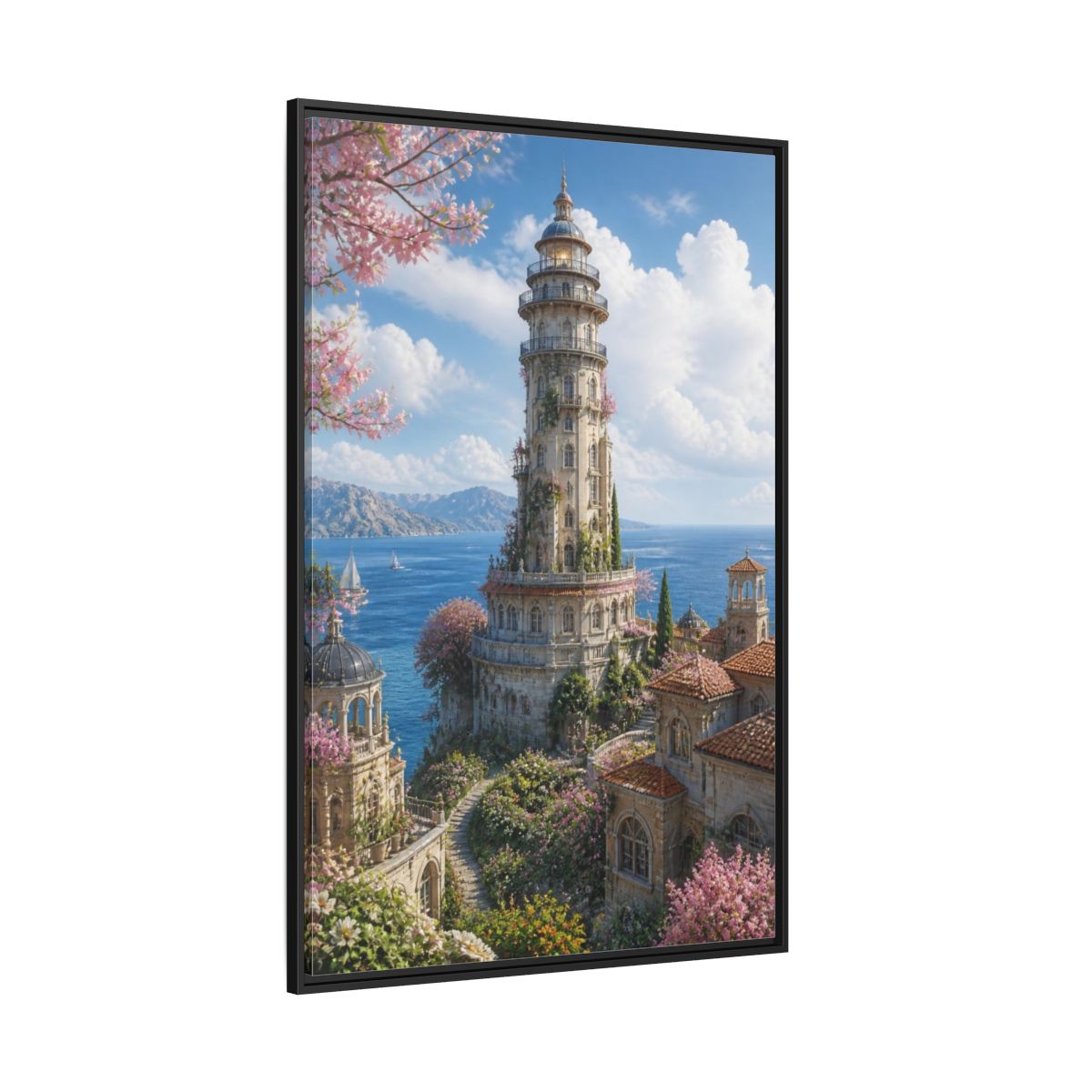 Side Mockup 12. Seaside Blossom Tower shown as framed canvas print