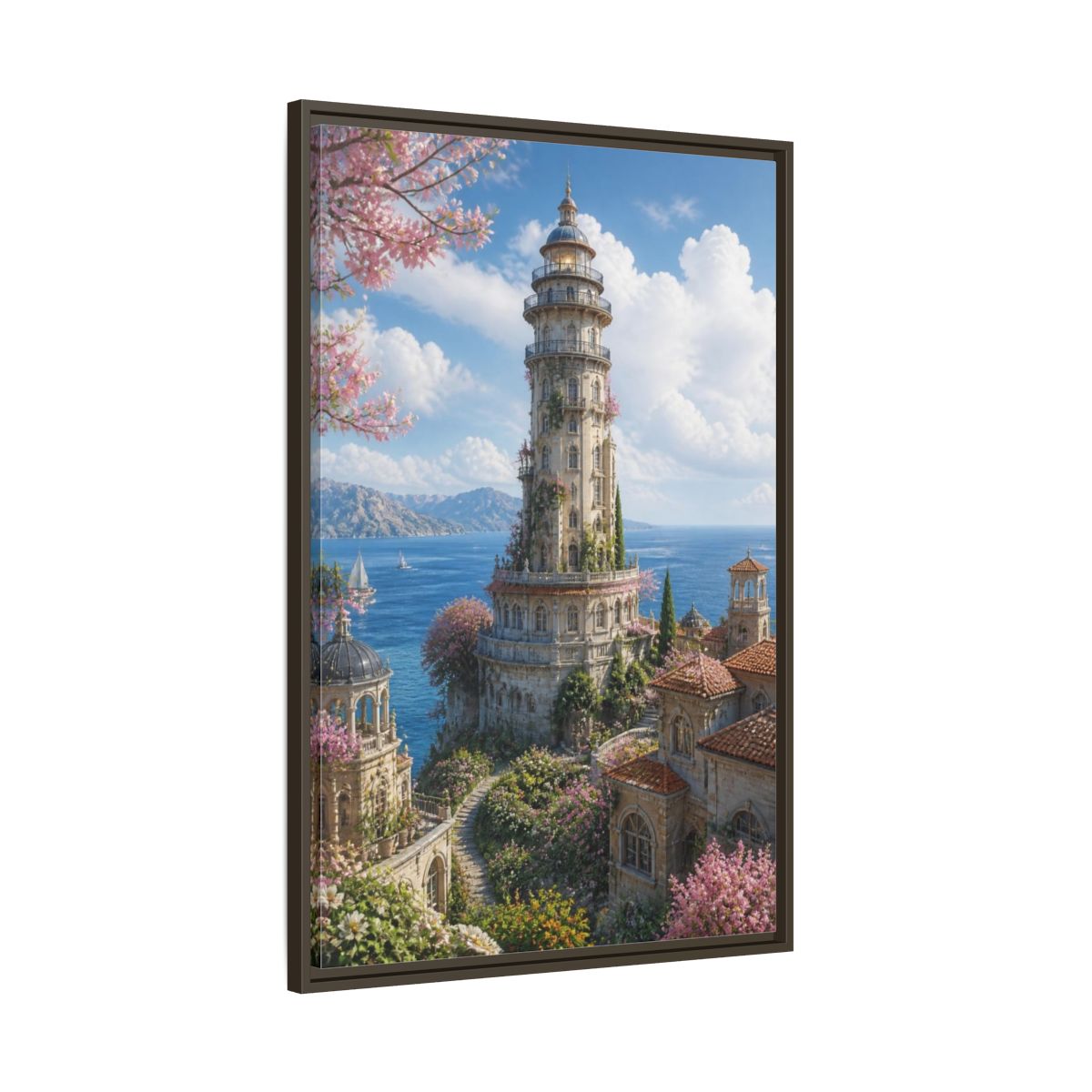 Main Mockup. Seaside Blossom Tower shown as framed canvas print