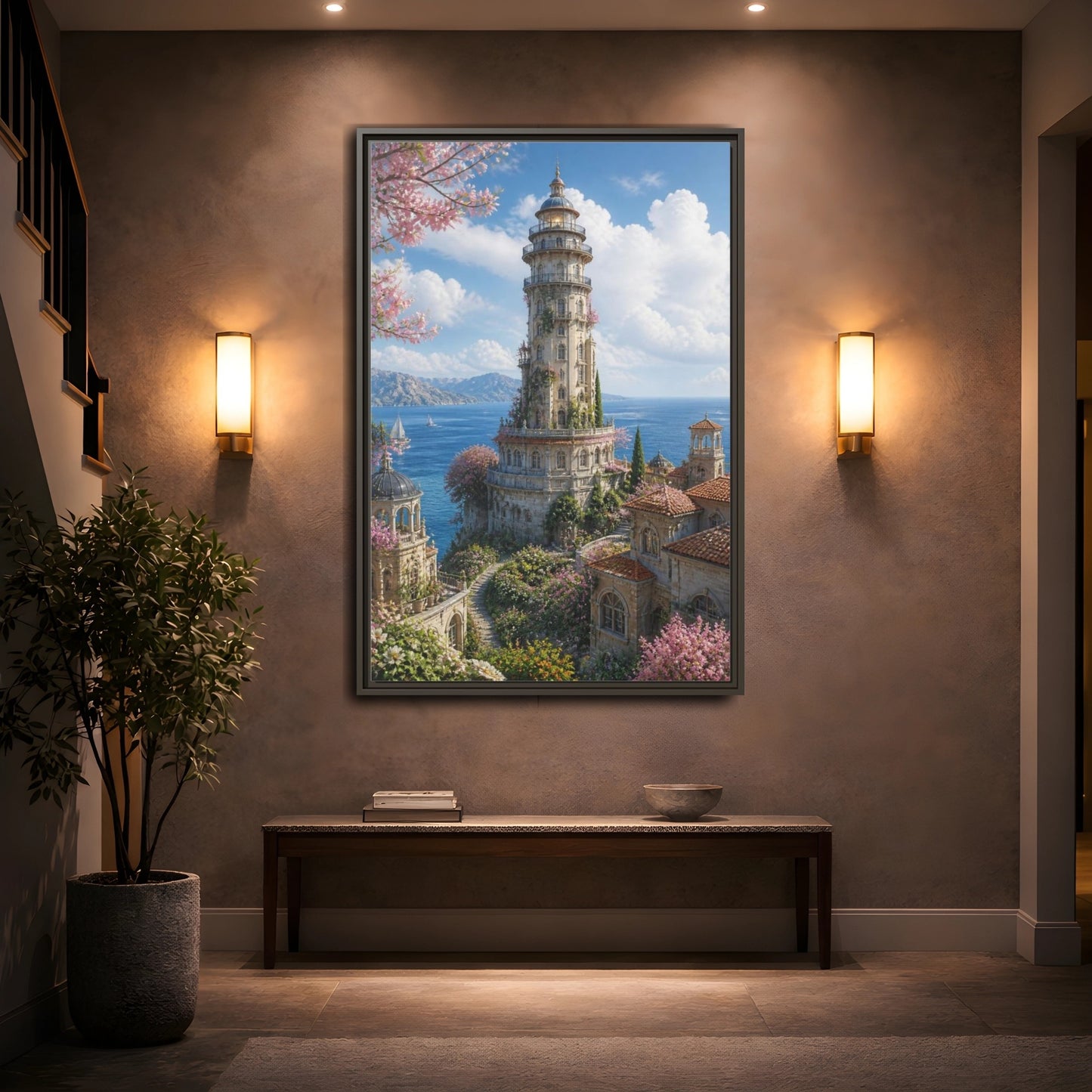 Mockup 2. Seaside Blossom Tower shown as framed canvas print