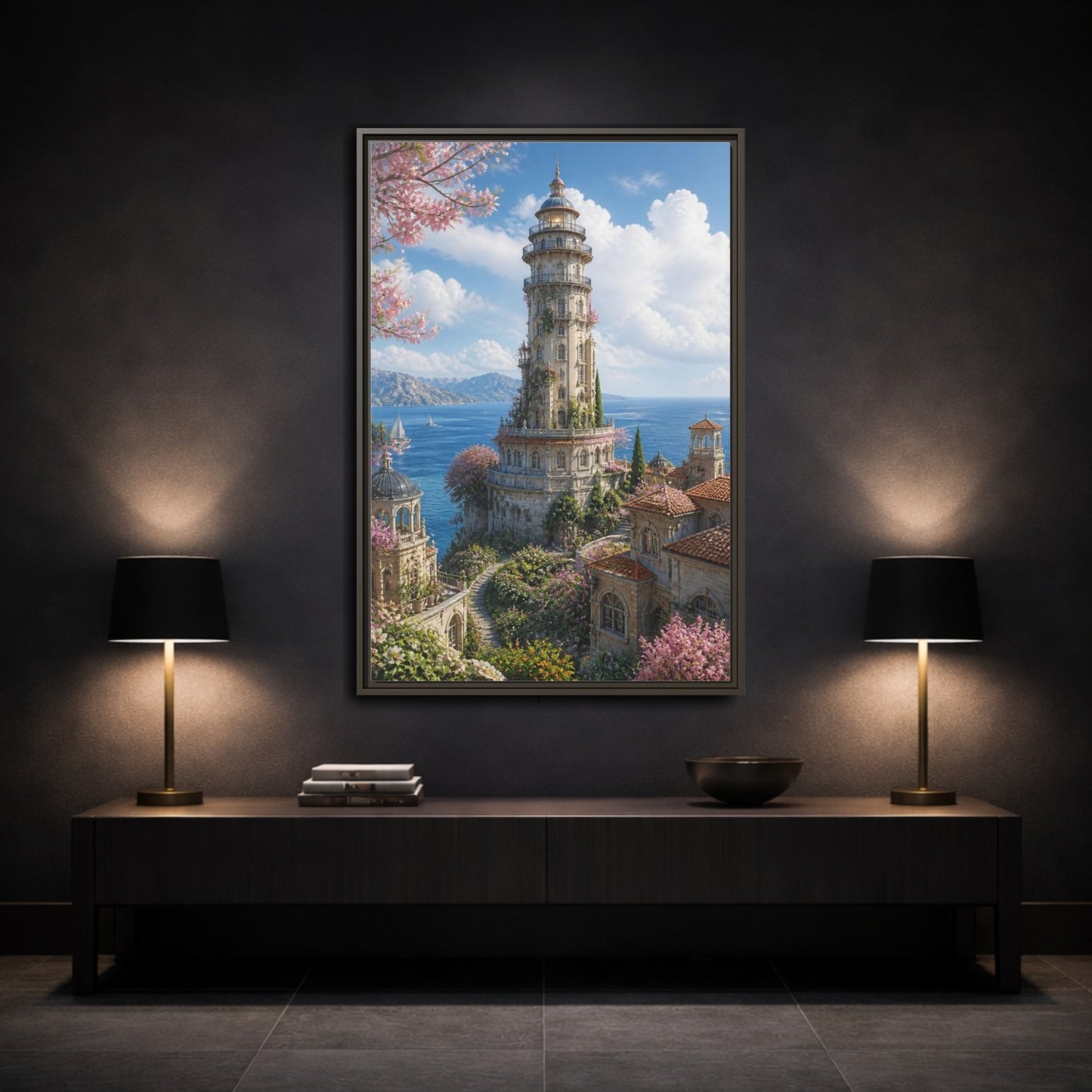 Mockup 3. Seaside Blossom Tower shown as framed canvas print