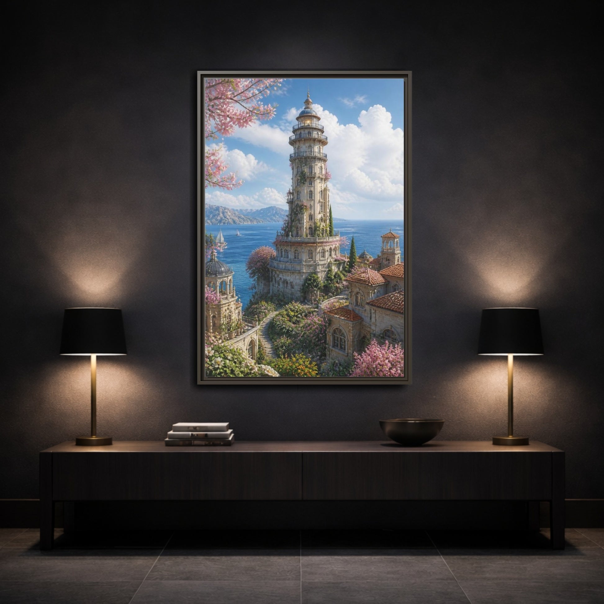 Mockup 3. Seaside Blossom Tower shown as framed canvas print
