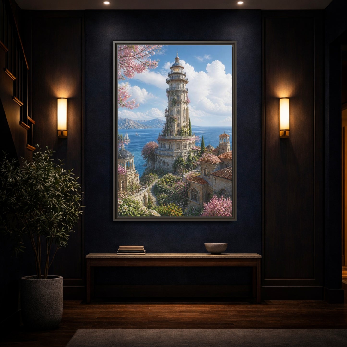 Mockup 4. Seaside Blossom Tower shown as framed canvas print