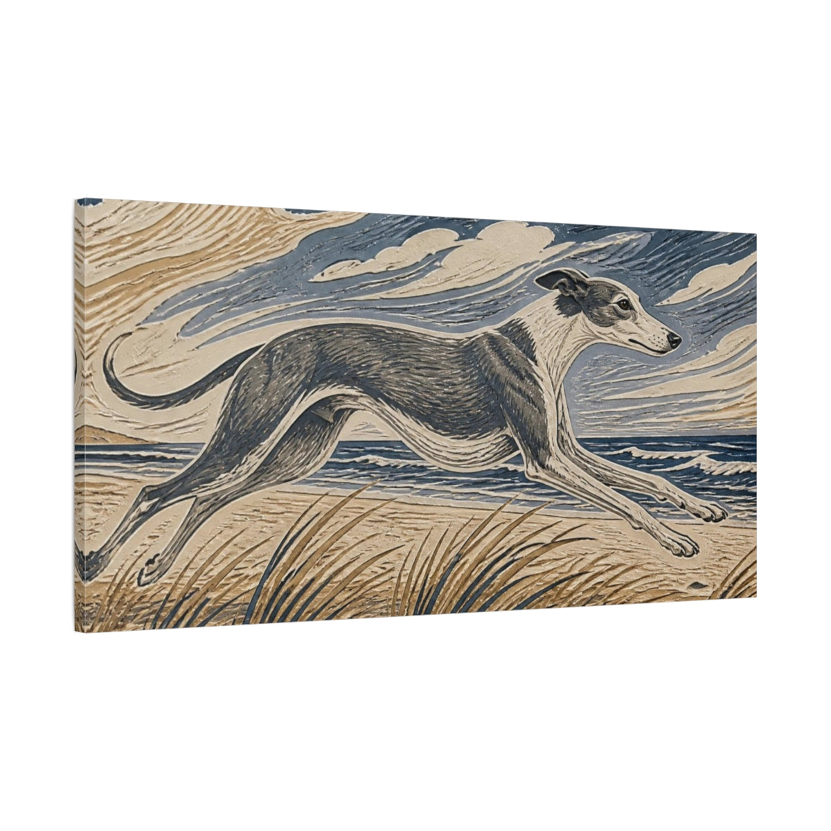 Main Mockup. Seaside Greyhound Pet shown as canvas print