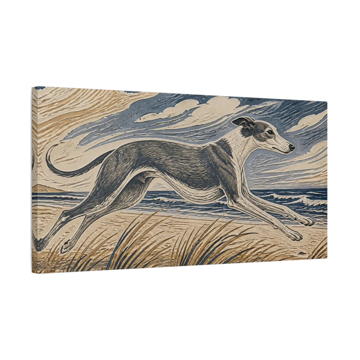 Side Mockup 1. Seaside Greyhound Pet shown as canvas print