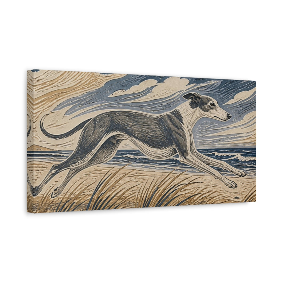 Side Mockup 3. Seaside Greyhound Pet shown as canvas print