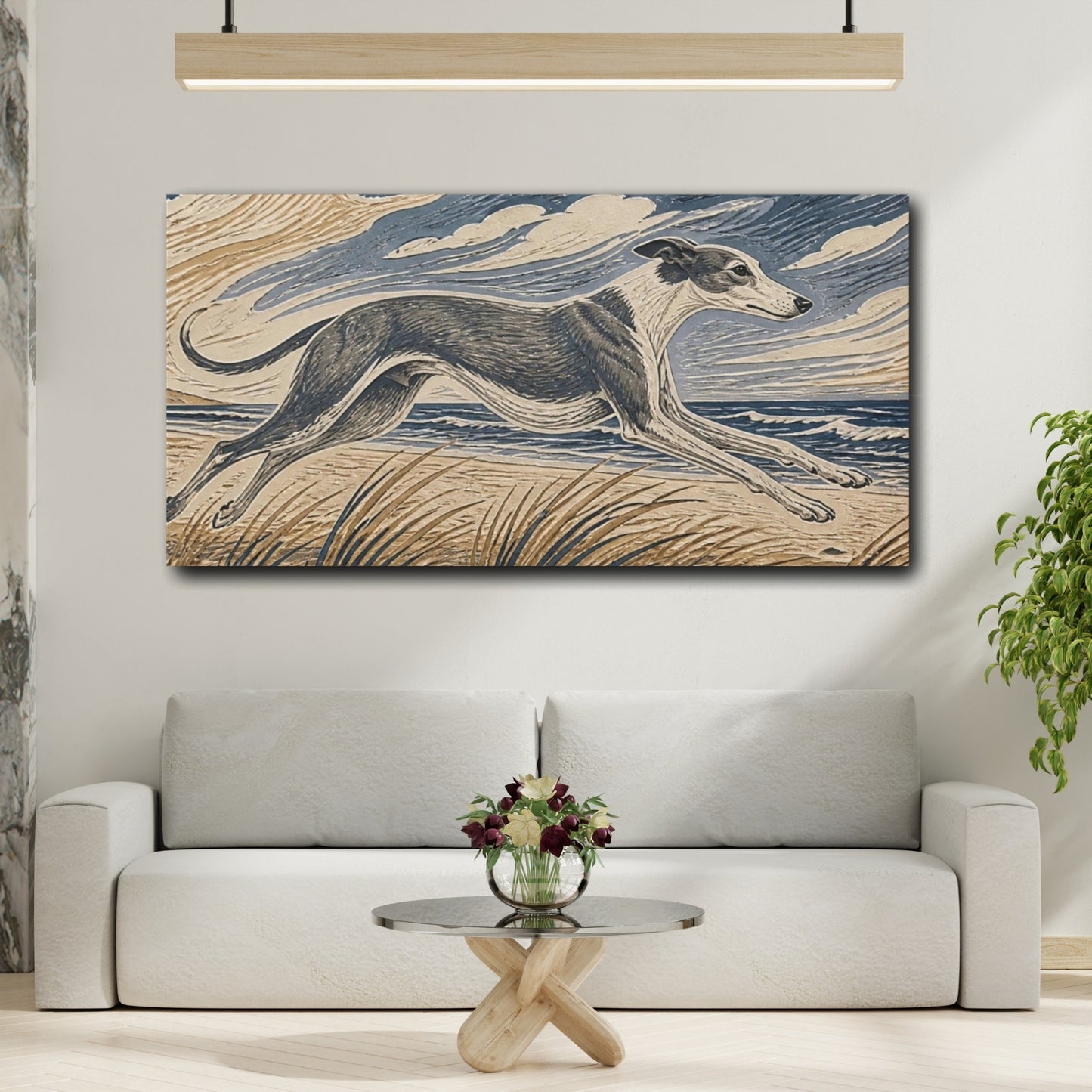 Mockup 2. Seaside Greyhound Pet shown as canvas print