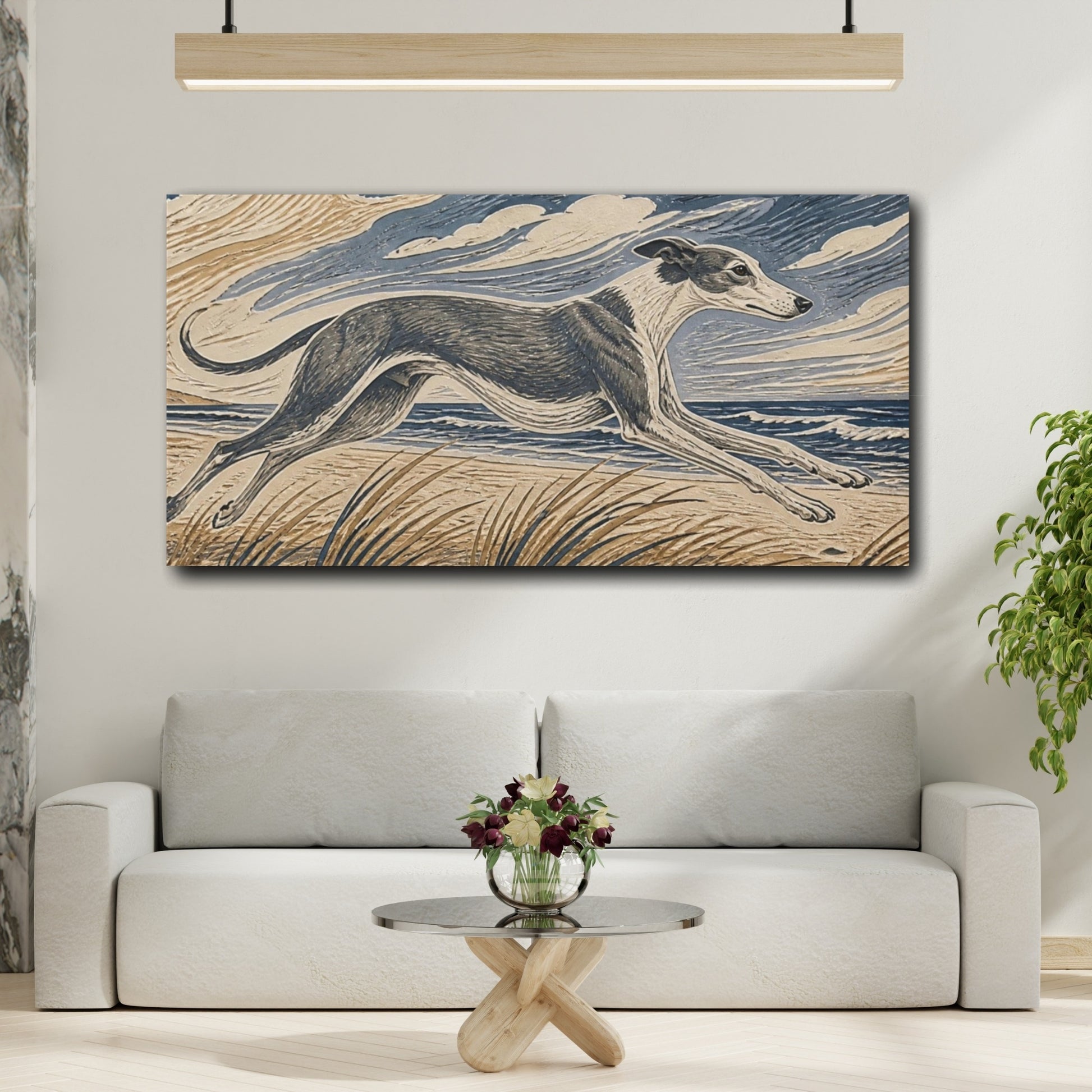 Mockup 2. Seaside Greyhound Pet shown as canvas print