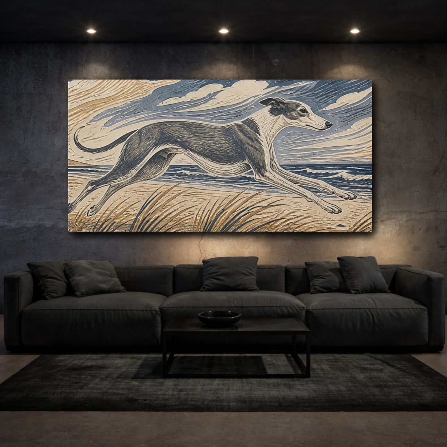 Mockup 3. Seaside Greyhound Pet shown as canvas print