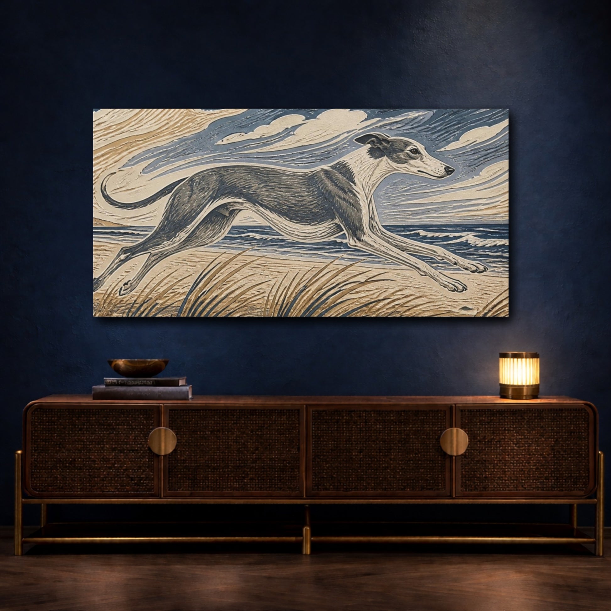 Mockup 4. Seaside Greyhound Pet shown as canvas print