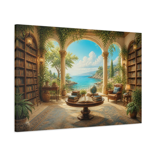Main Mockup. Seaside Library Retreat shown as canvas print