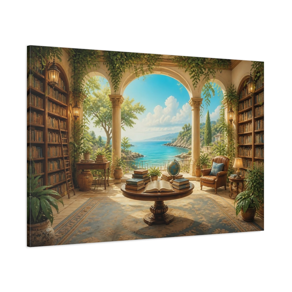 Side Mockup 1. Seaside Library Retreat shown as canvas print