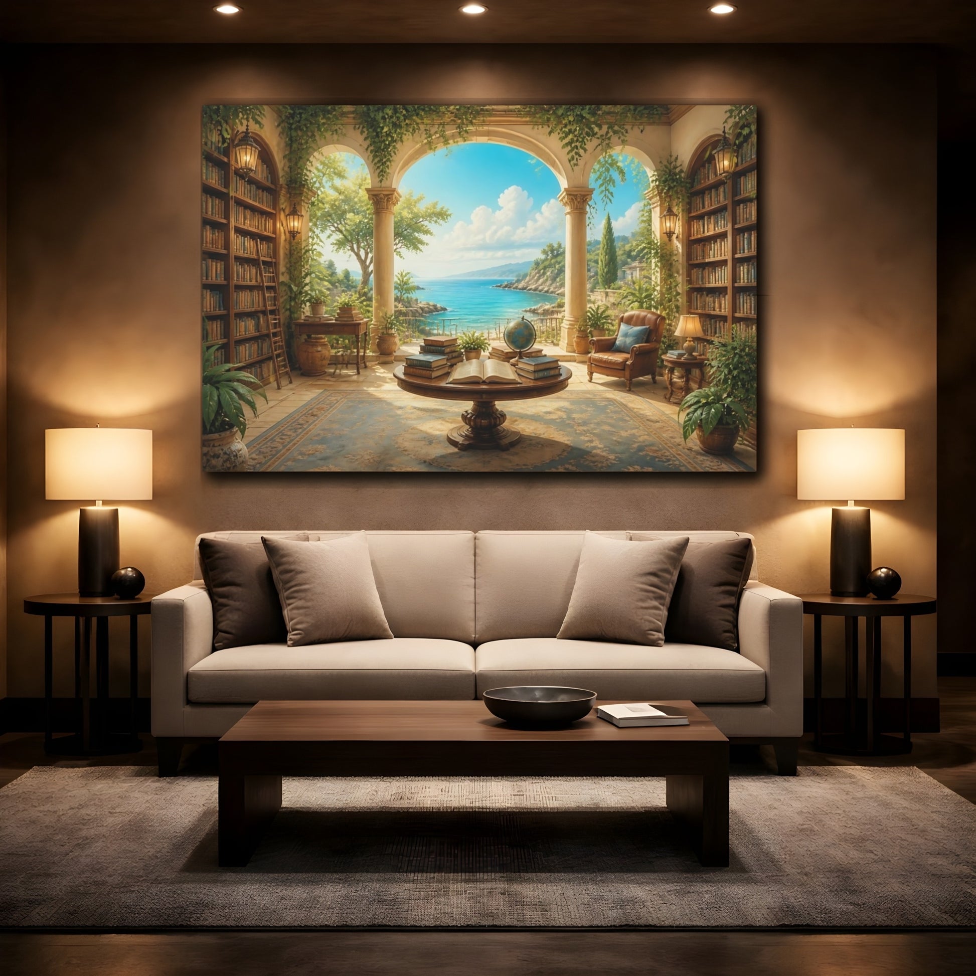 Mockup 2. Seaside Library Retreat shown as canvas print