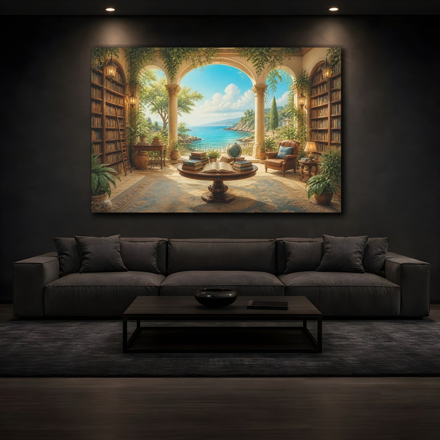 Mockup 3. Seaside Library Retreat shown as canvas print