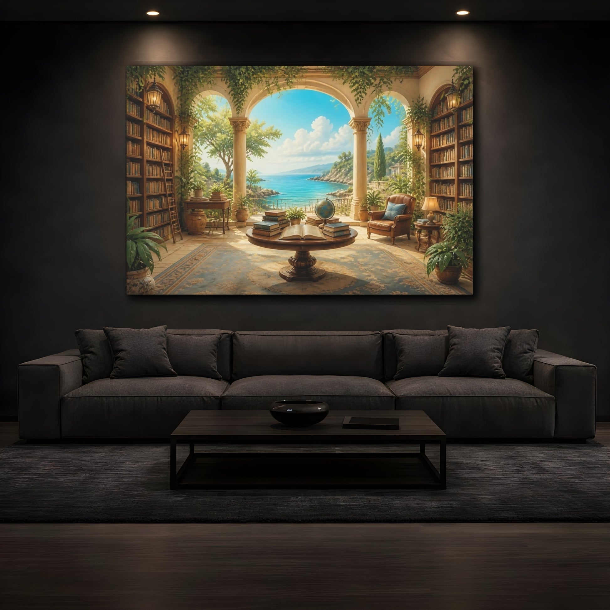 Mockup 3. Seaside Library Retreat shown as canvas print