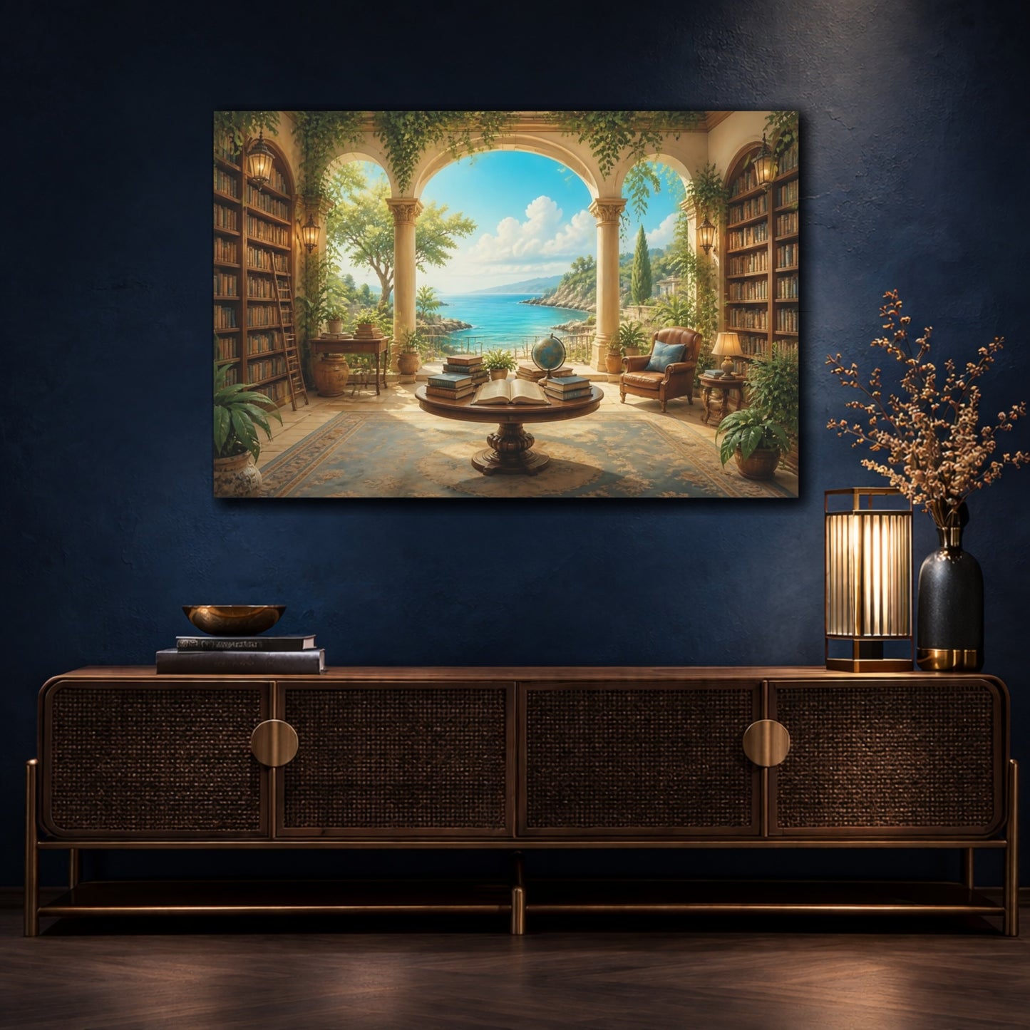 Mockup 4. Seaside Library Retreat shown as canvas print