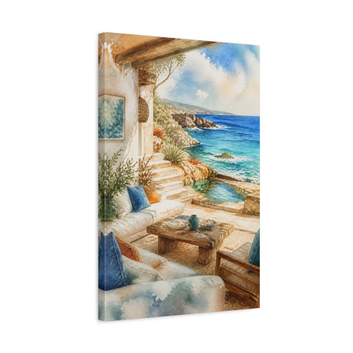Side Mockup 3. Seaside Living Room Retreat shown as canvas print