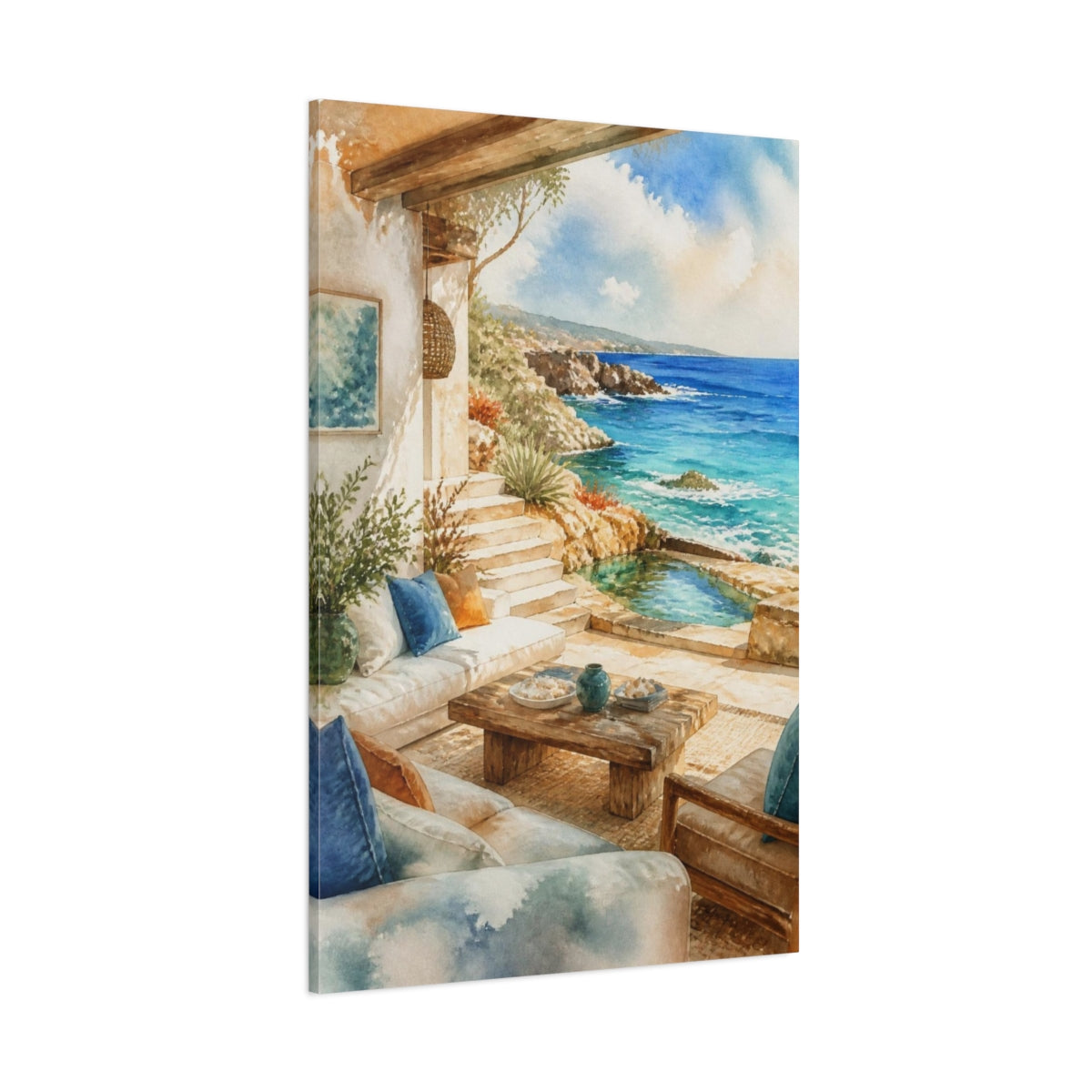 Side Mockup 1. Seaside Living Room Retreat shown as canvas print