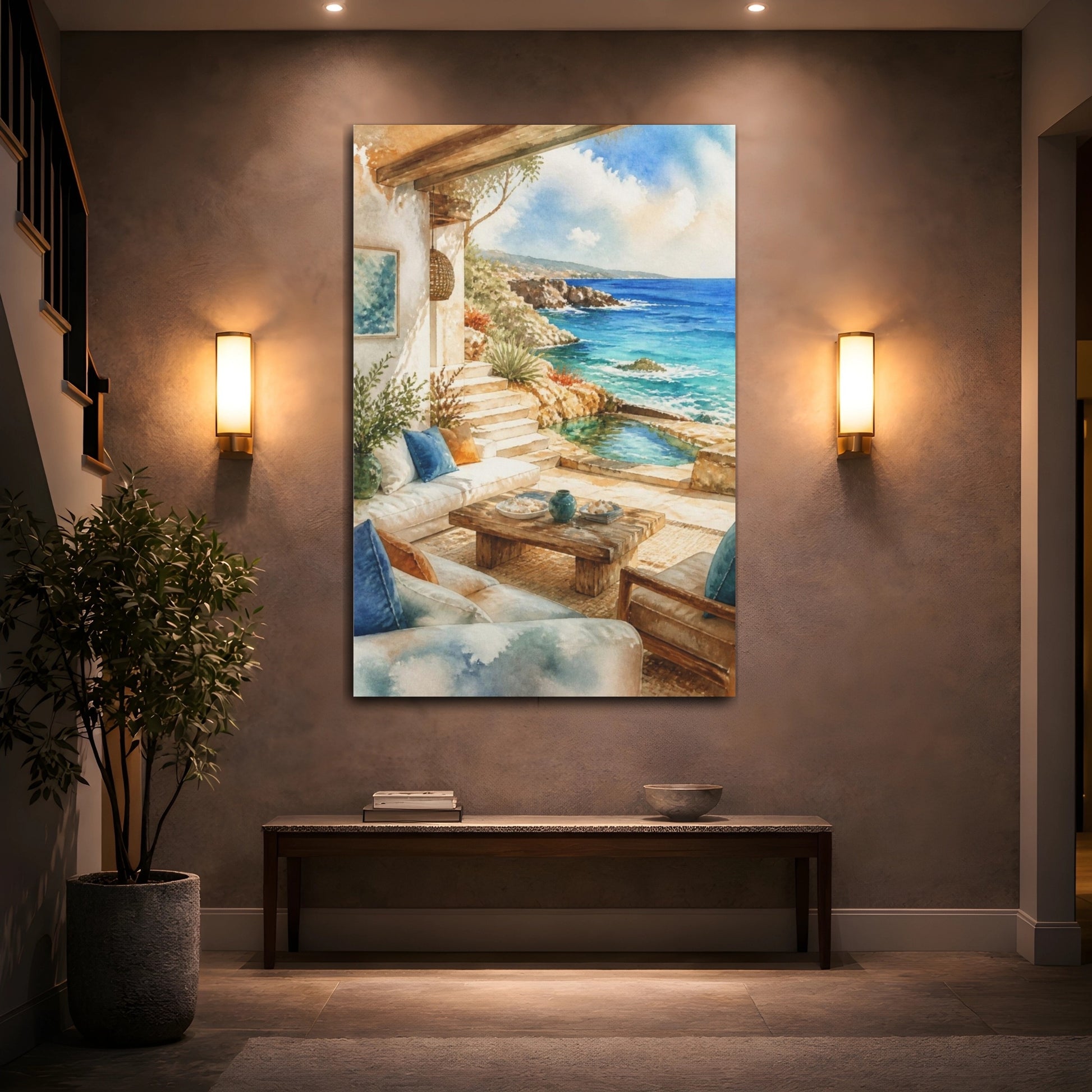 Mockup 2. Seaside Living Room Retreat shown as canvas print