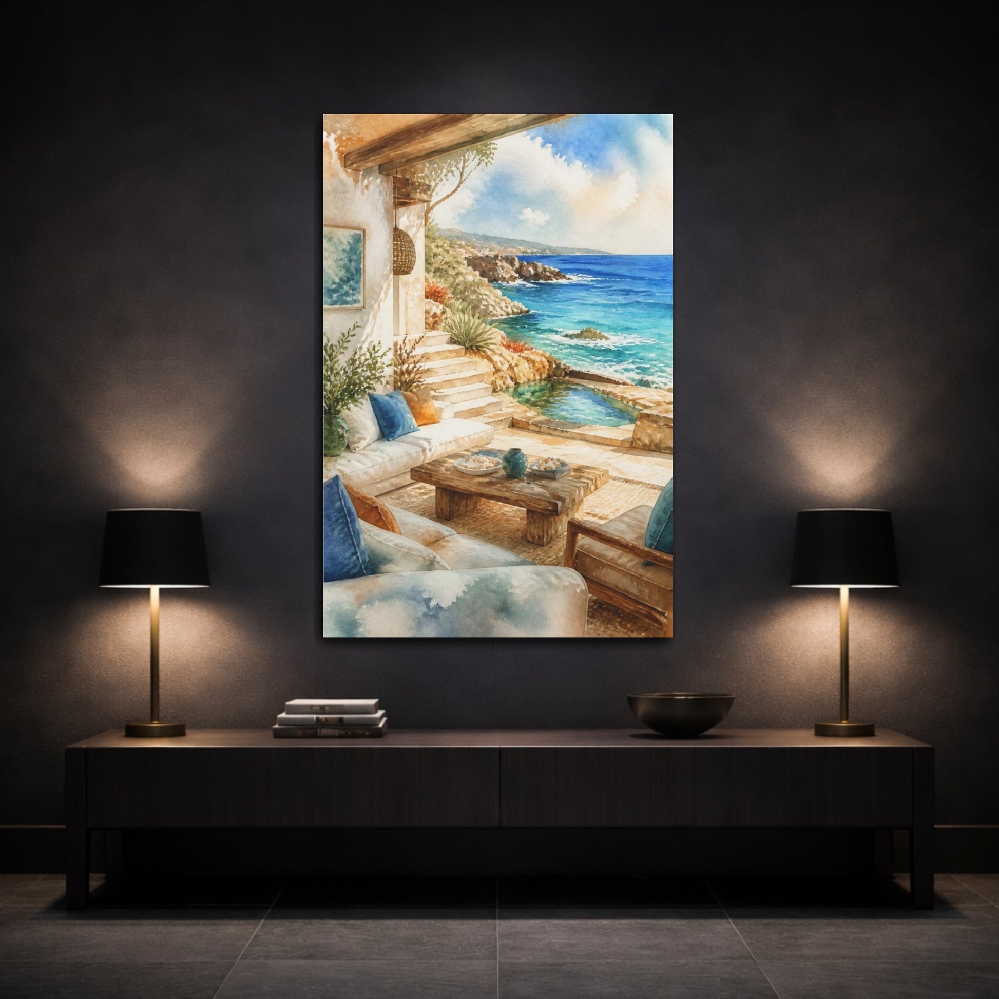 Mockup 3. Seaside Living Room Retreat shown as canvas print