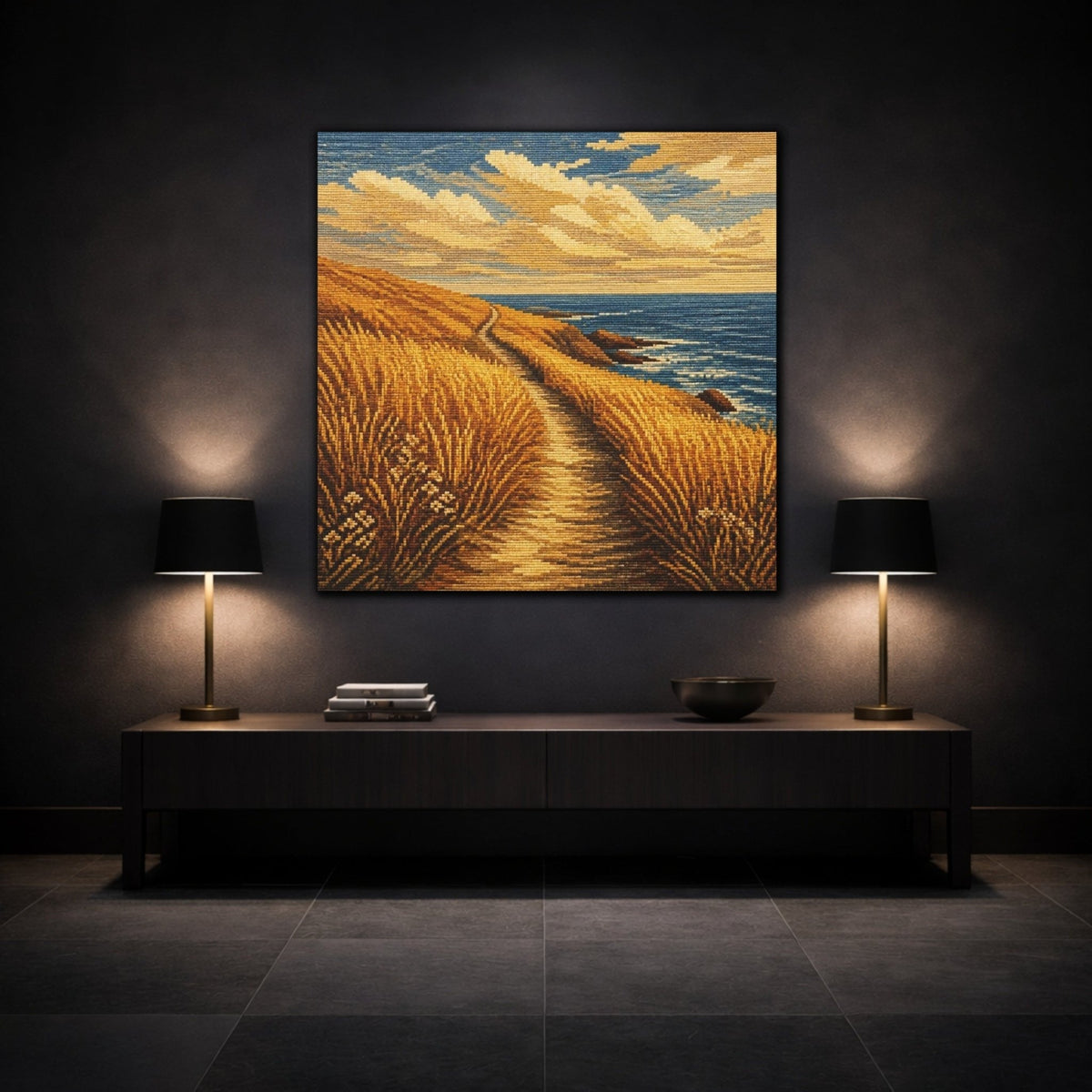 Seaside Path Motivation Canvas Print – Living Room, Above Couch, Ochre & Blue - YesArtYes