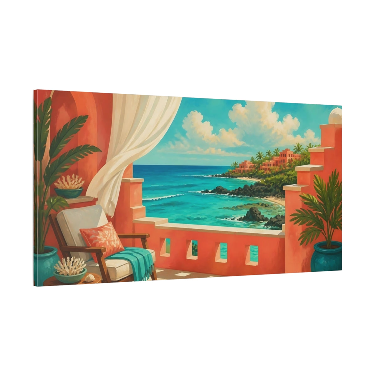 Side Mockup 2. Seaside Terrace View shown as canvas print