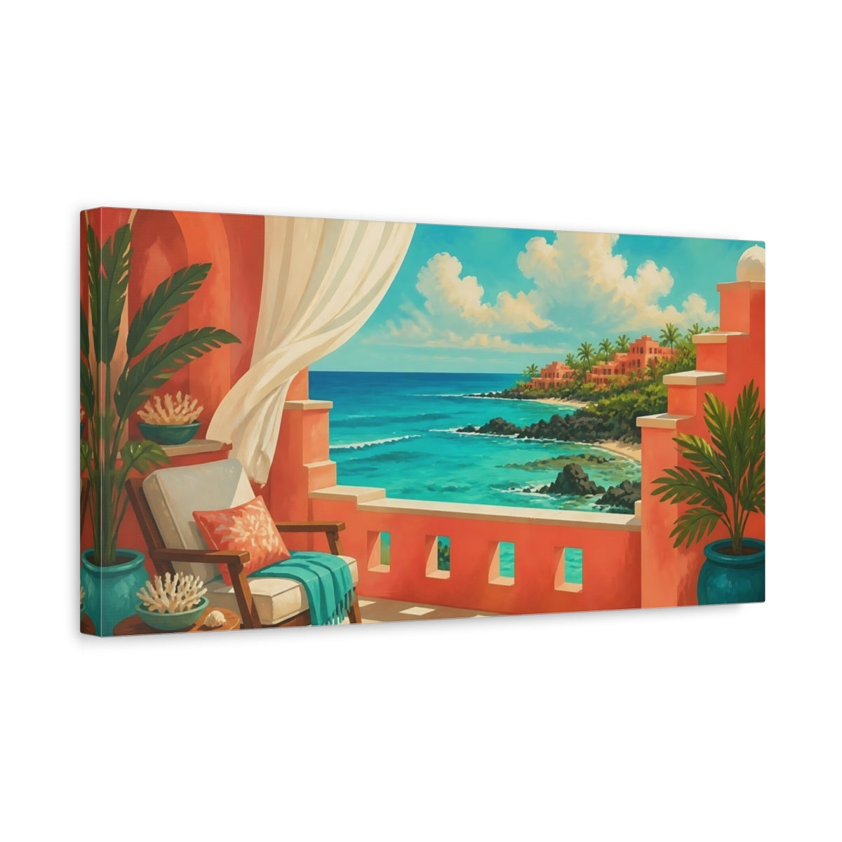 Side Mockup 3. Seaside Terrace View shown as canvas print