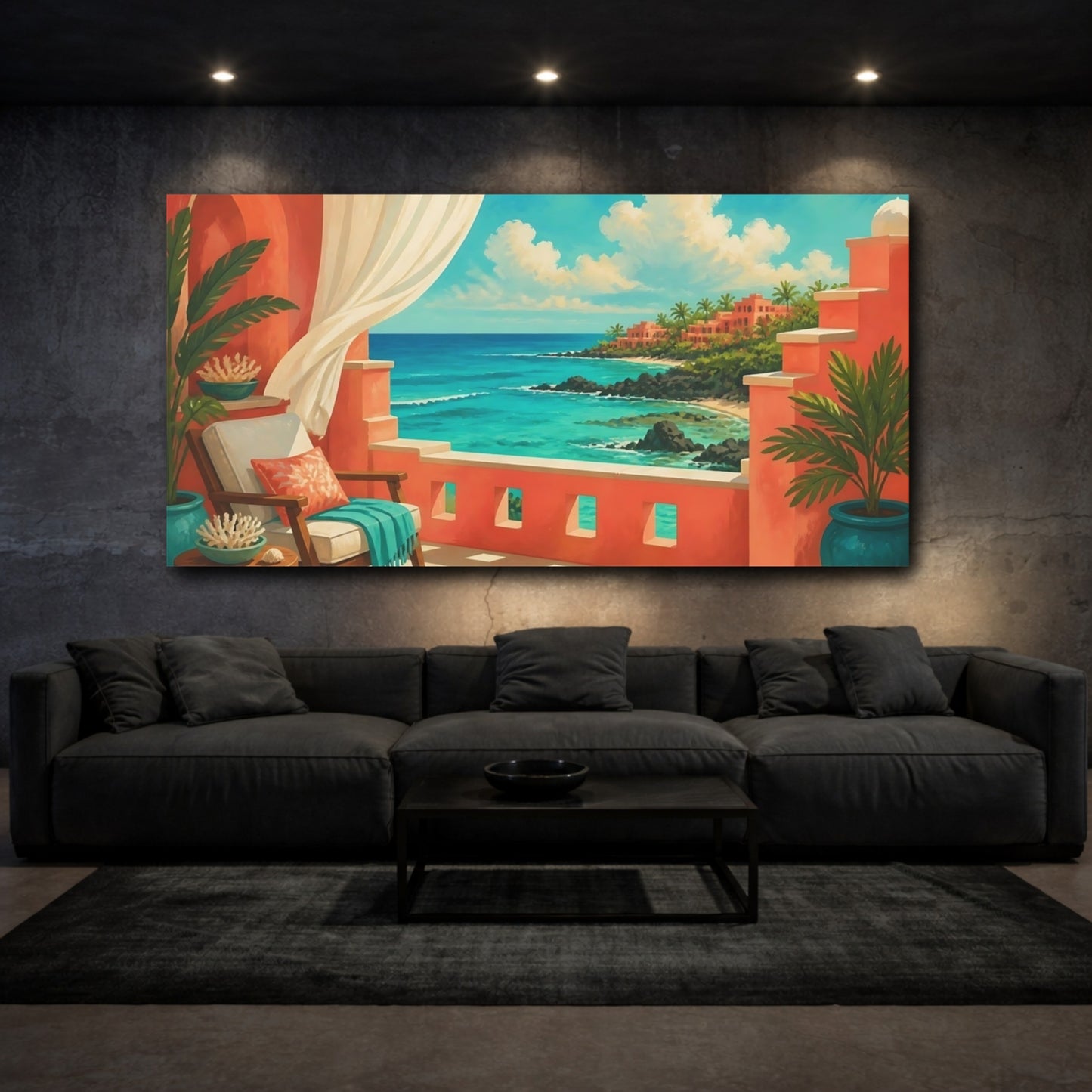 Mockup 3. Seaside Terrace View shown as canvas print