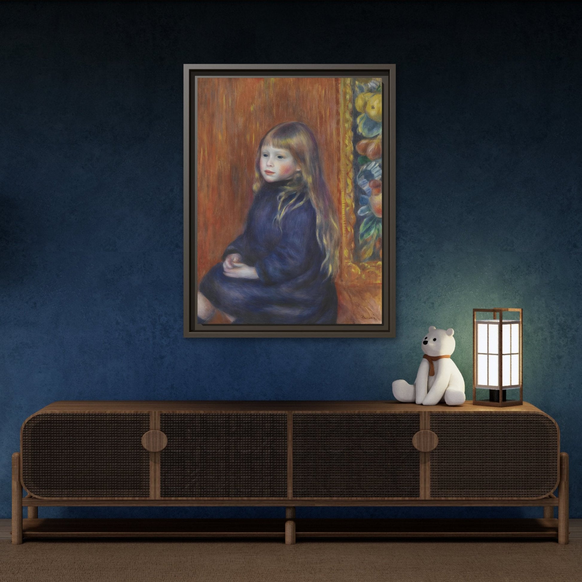 Seated Child in Blue Dress Renoir Canvas Print - Framed Wall Art - YesArtYes
