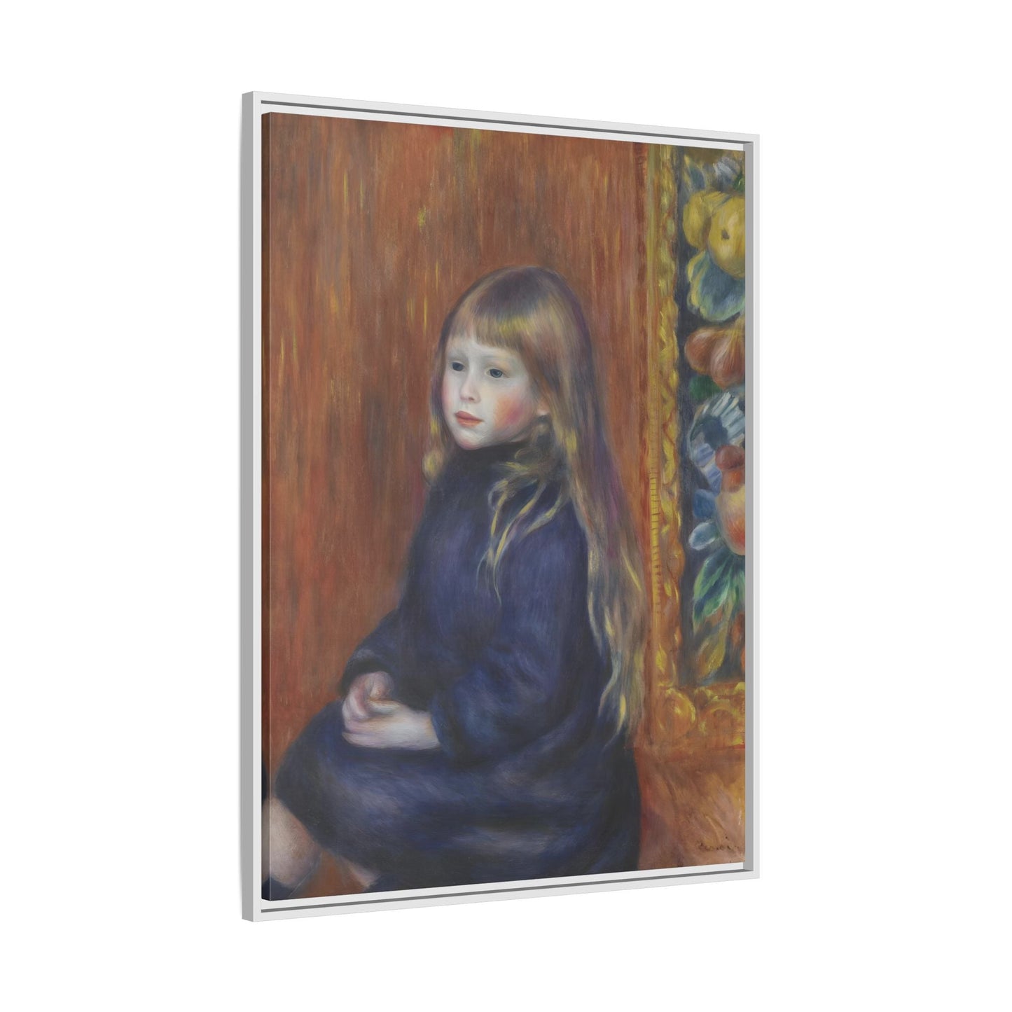 Seated Child in Blue Dress Renoir Canvas Print - Framed Wall Art - YesArtYes