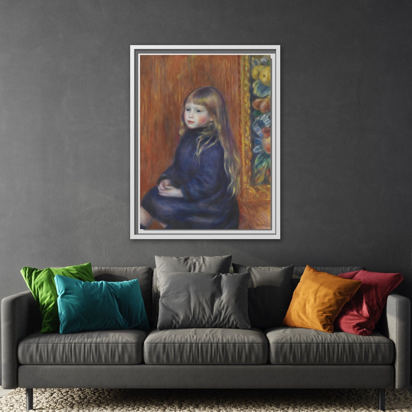 Seated Child in Blue Dress Renoir Canvas Print - Framed Wall Art - YesArtYes