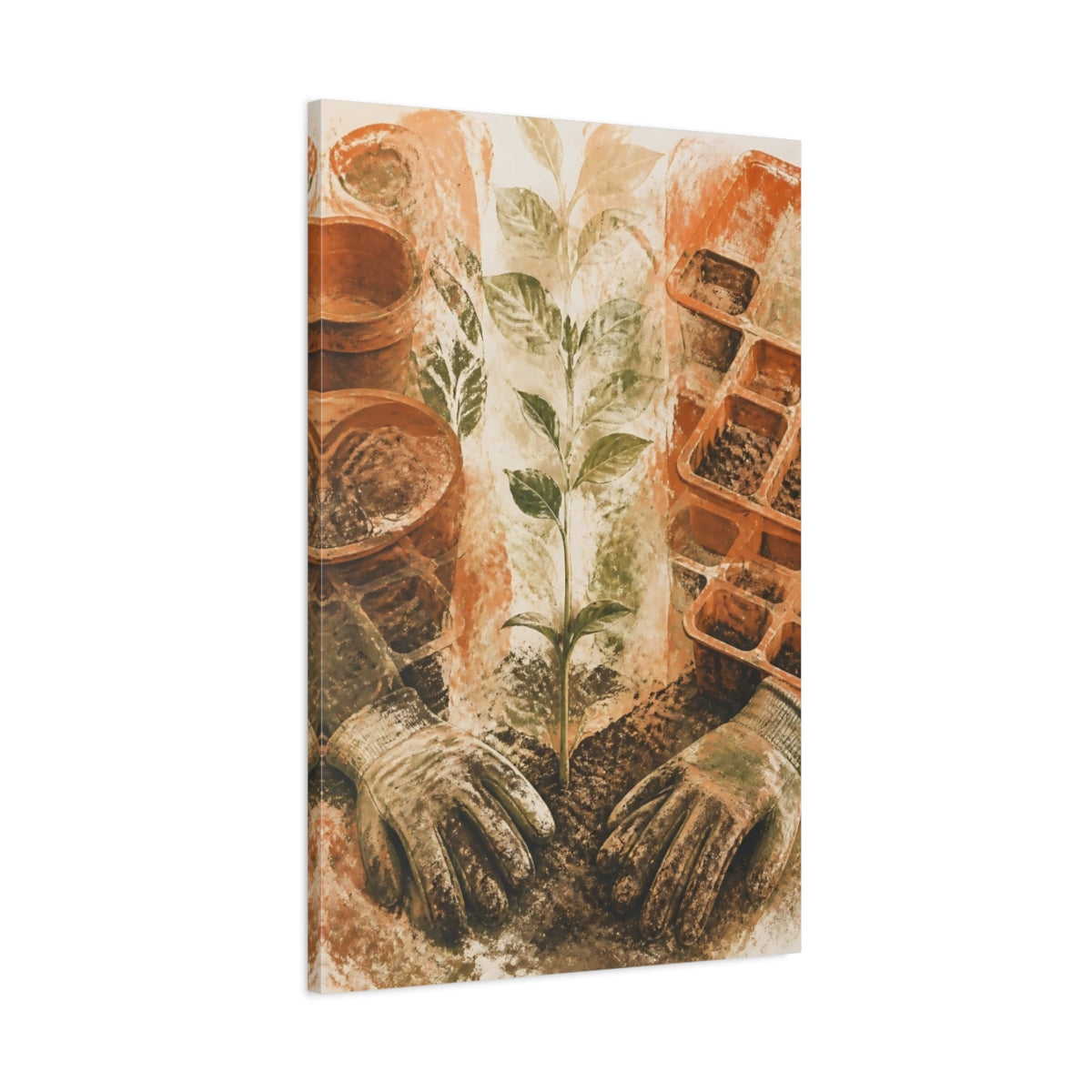 Main Mockup. Seedling And Garden Gloves shown as canvas print