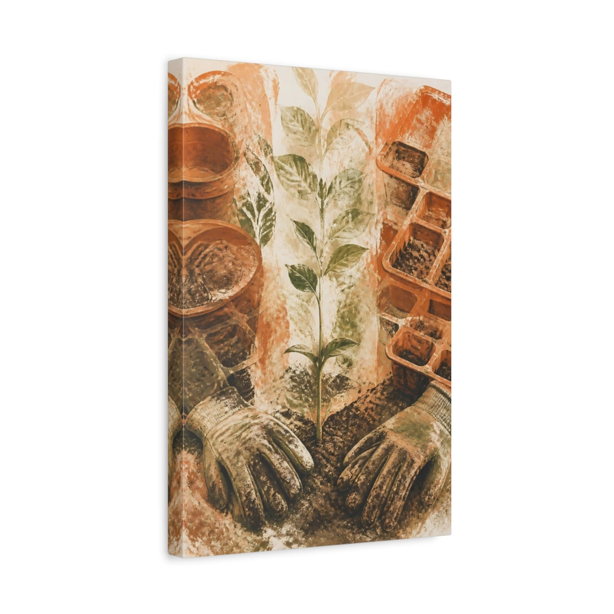 Side Mockup 4. Seedling And Garden Gloves shown as canvas print