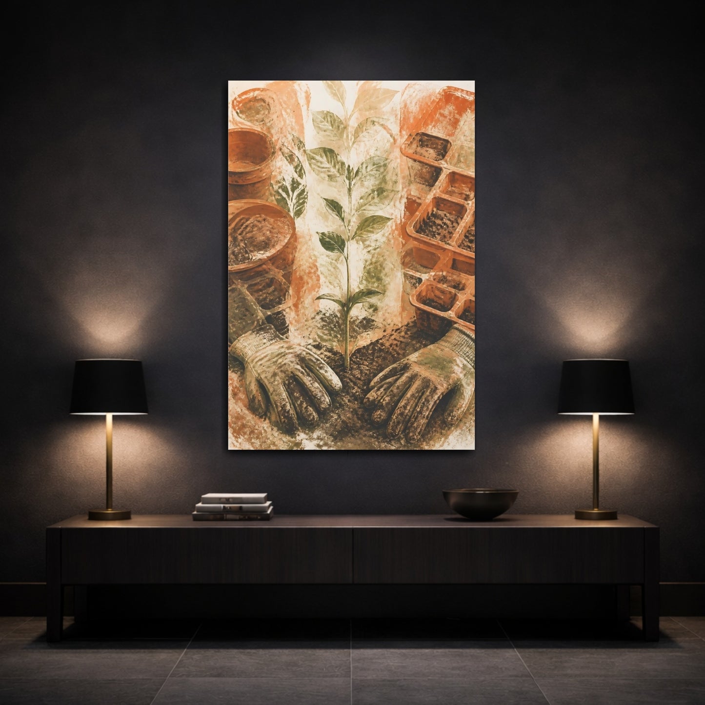 Mockup 3. Seedling And Garden Gloves shown as canvas print