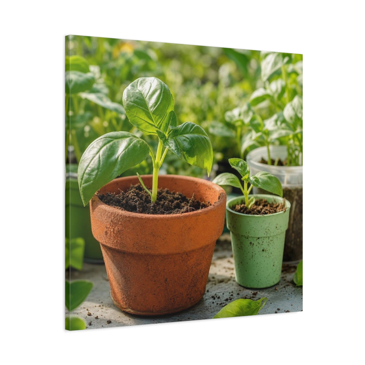 Main Mockup. Seedlings In Terracotta Pots shown as canvas print