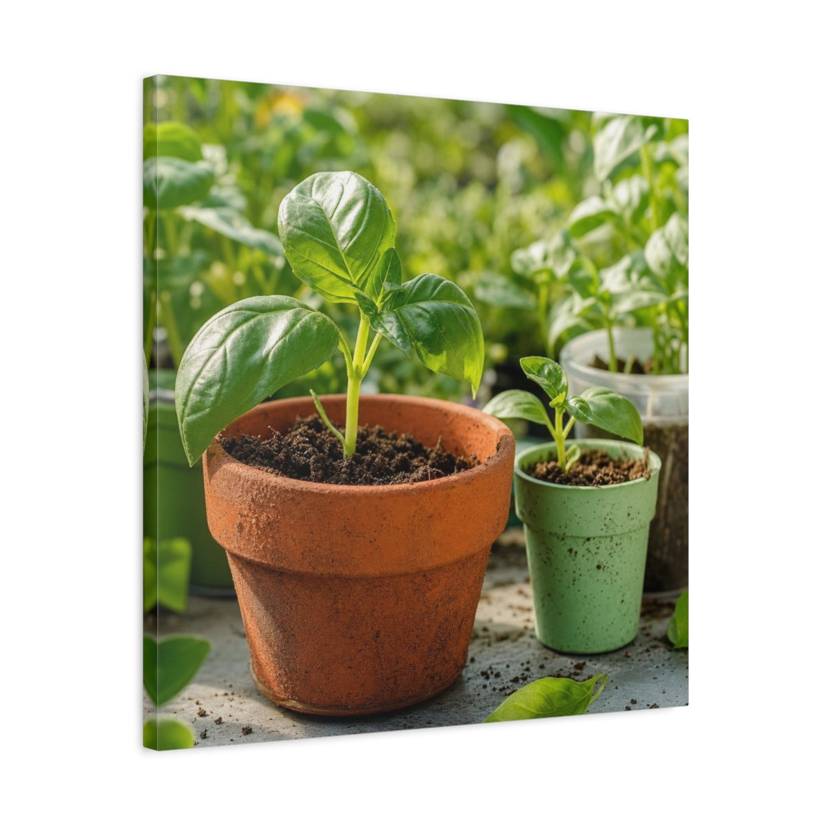 Side Mockup 4. Seedlings In Terracotta Pots shown as canvas print