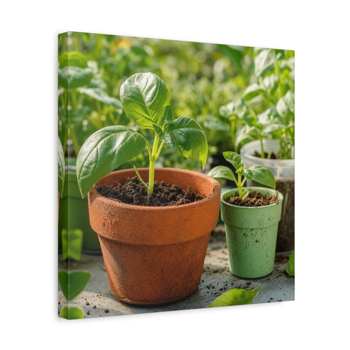 Side Mockup 7. Seedlings In Terracotta Pots shown as canvas print