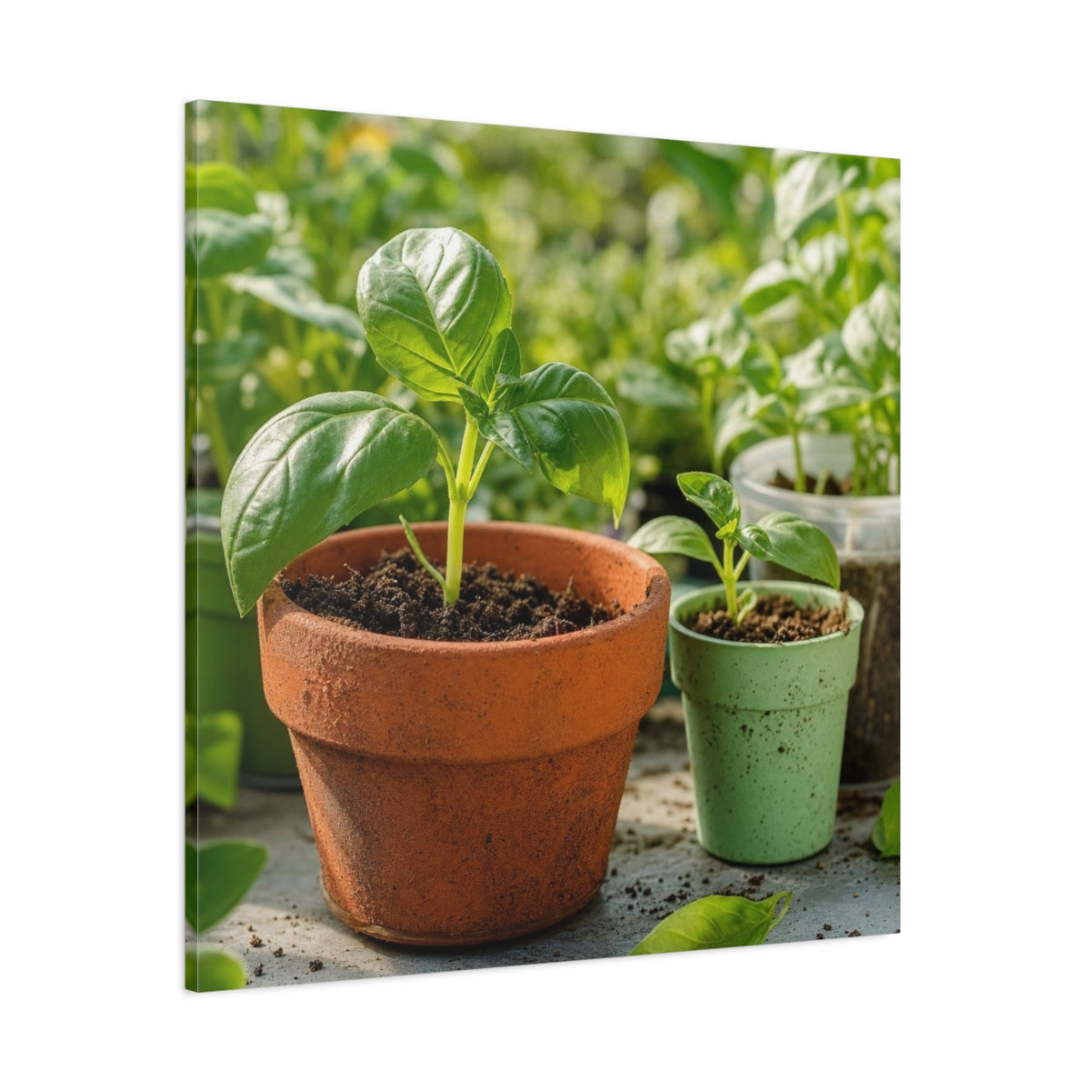 Side Mockup 1. Seedlings In Terracotta Pots shown as canvas print