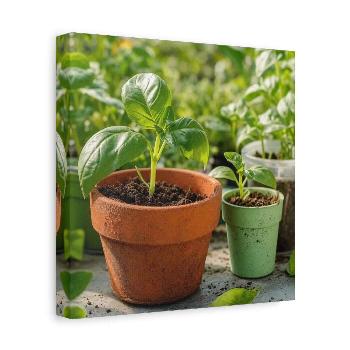 Side Mockup 9. Seedlings In Terracotta Pots shown as canvas print