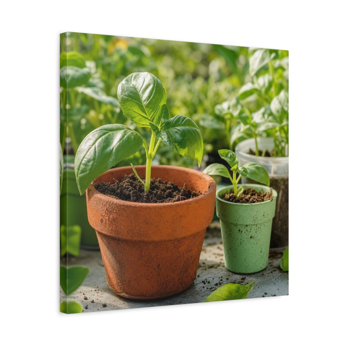 Side Mockup 5. Seedlings In Terracotta Pots shown as canvas print