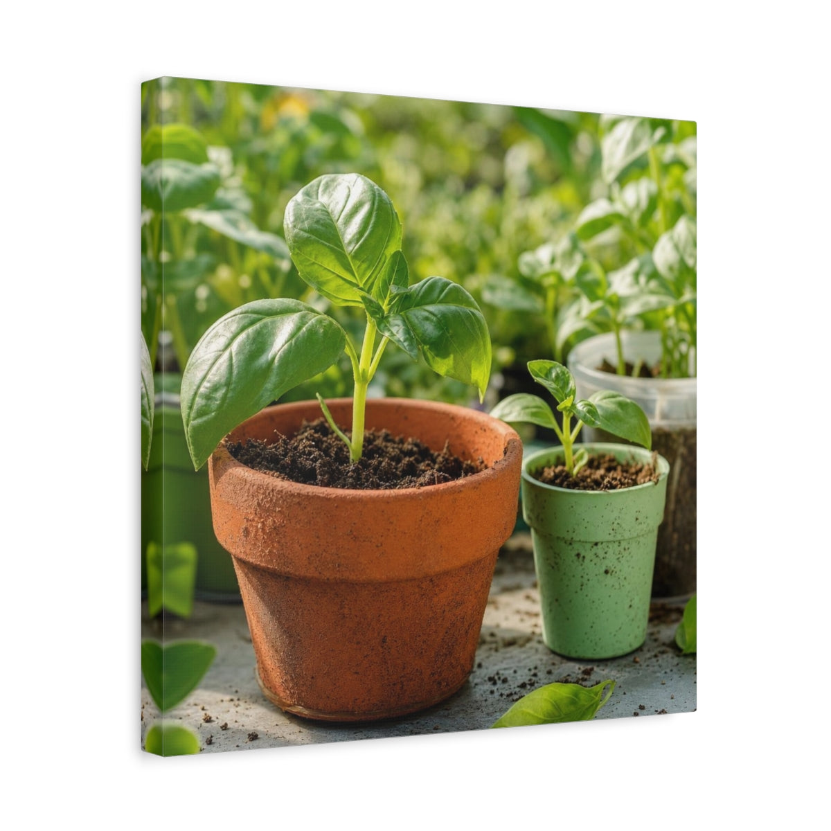 Side Mockup 6. Seedlings In Terracotta Pots shown as canvas print